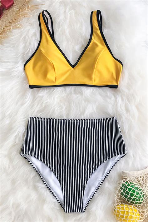 Yellow And Black Stripe High Waisted Bikini