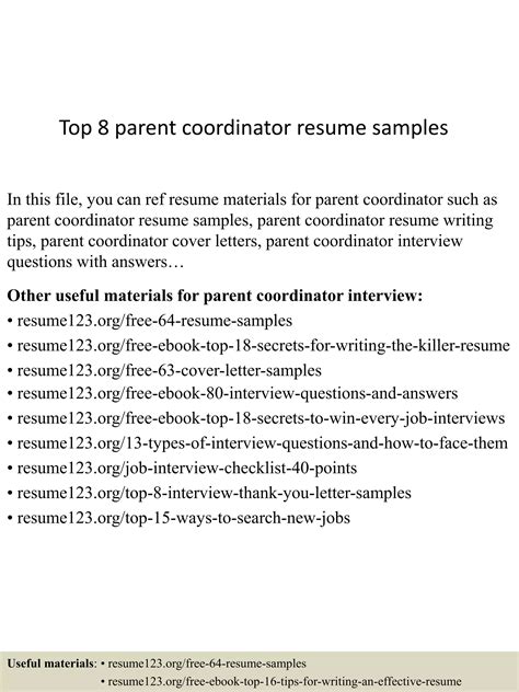 Top 8 Parent Coordinator Resume Samples PDF