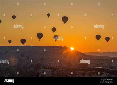 Sunrise View Of Hot Air Balloons Above Cappadocia Turkey Stock Photo