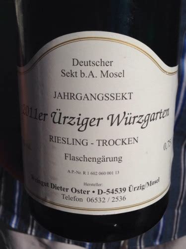 Dieter Oster Ürziger Würzgarten Jahrgangssekt Riesling Trocken Vivino US