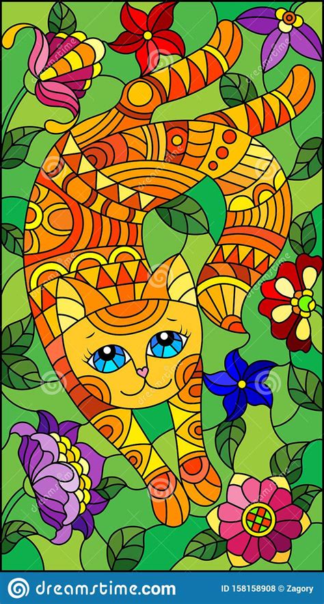 Stained Glass Illustration With A Cute Red Cat On A Background Of Meadows And Bright Flowers