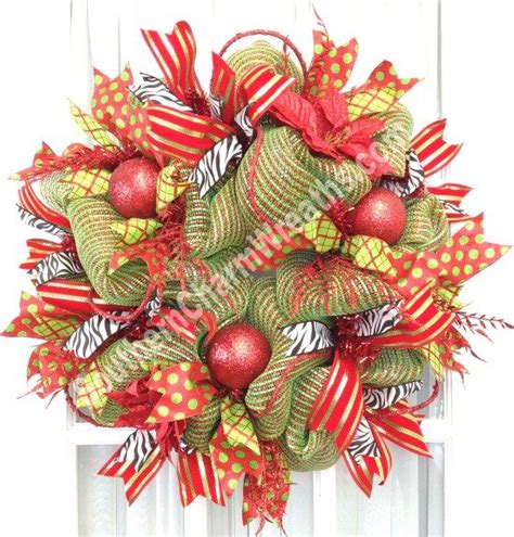 Christmas Wreath Red Lime Green Stripe Deco Mesh Poinsettias