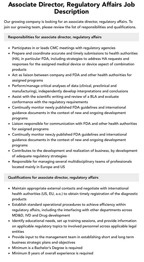 Associate Director Regulatory Affairs Job Description Velvet Jobs