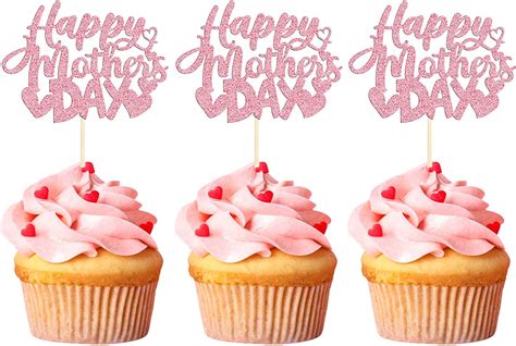 24 Pack Gold Glitter Happy Mothers Day Cupcake Toppers Mom Cupcake Pink