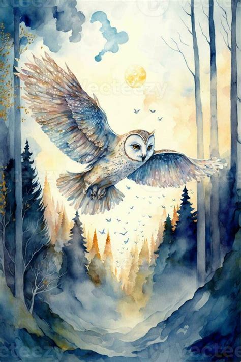 painting of an owl flying over a forest. . 23858709 Stock Photo at Vecteezy