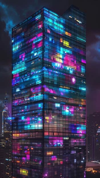 Premium Photo | Illuminated skyscraper with vibrant neon lights at night