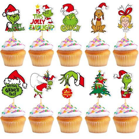 VARACL 30 Pieces Grinch Cupcake Toppers Grinch Christmas Cupcake