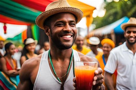 Un Hombre Con Un Sombrero De Paja Tenencia Un Vaso De Jugo De