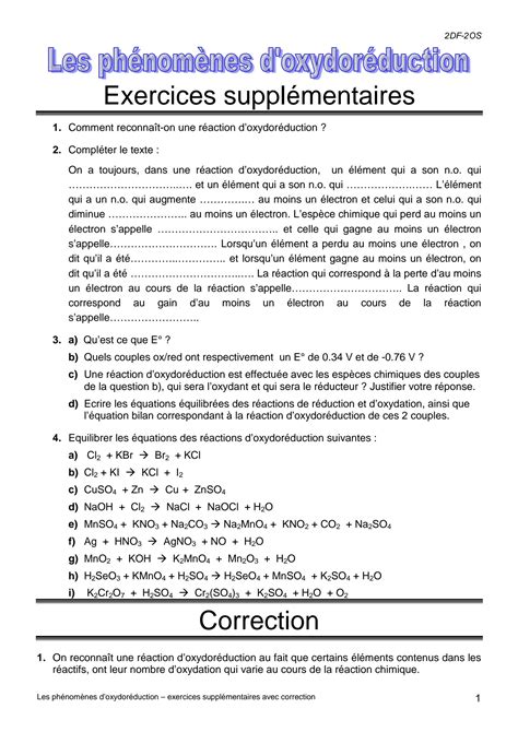 SOLUTION Oxydoreduction Exercices Corrig S 03 Studypool