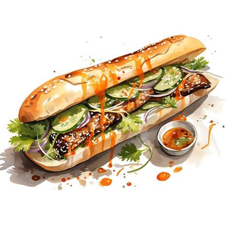 Premium Ai Image Watercolor Of Banh Mi A Popular Street Food In Asia Showcasi Beauty Painting