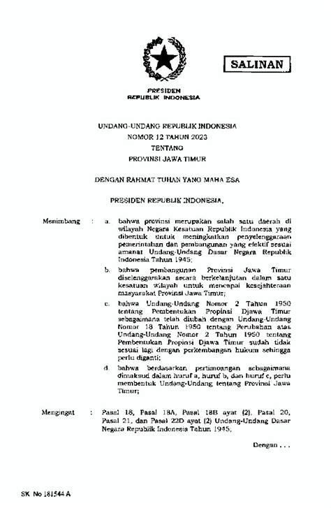 Undang Undang No Tahun Tentang Provinsi Jawa Timur