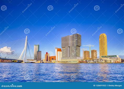 Amazing Sunny Cityscape View Of Rotterdam Harbour And Port In Front Of