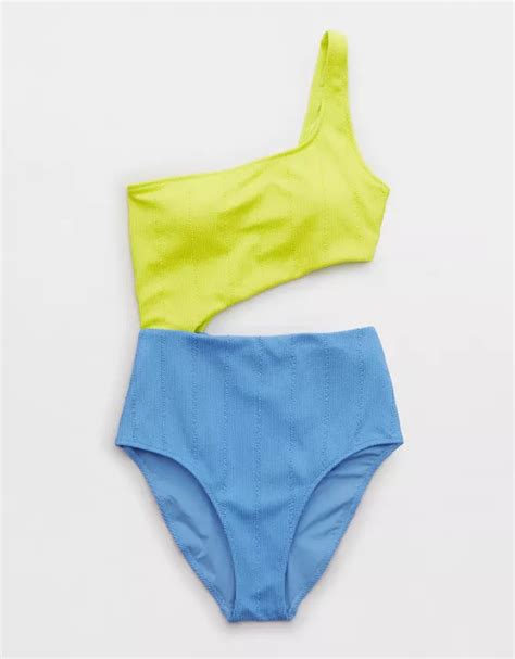 Aerie Crinkle Asymmetrical Cut Out One Piece Swimsuit