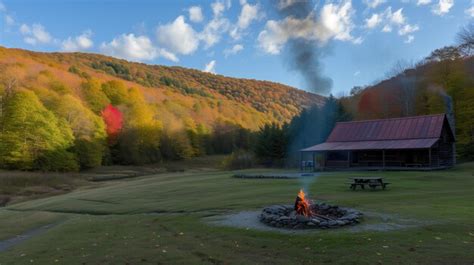 Premium Photo | Wooden cabin in the forest with a fire pit during autumn