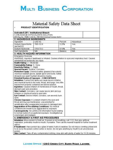 Msds Bleach Pdf Combustion Chlorine