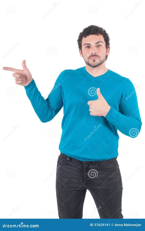 Male In Blue Pointing To Somewhere Stock Image Image Of Caucasian