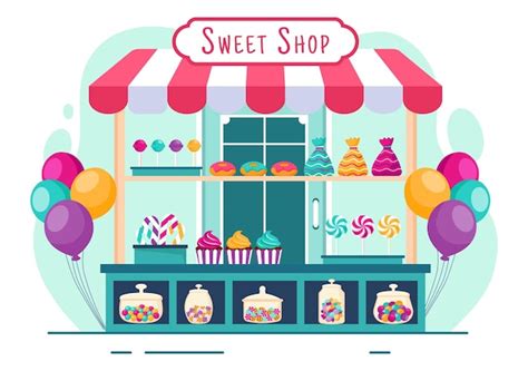 Ilustración vectorial de la tienda de dulces con venta de varios