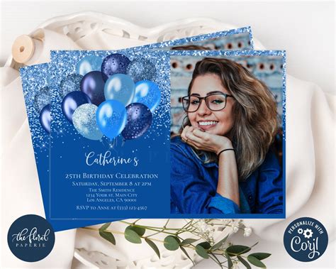 Shades Of Blue Birthday Invitation Template Editable Blue Birthday Invitations Balloons