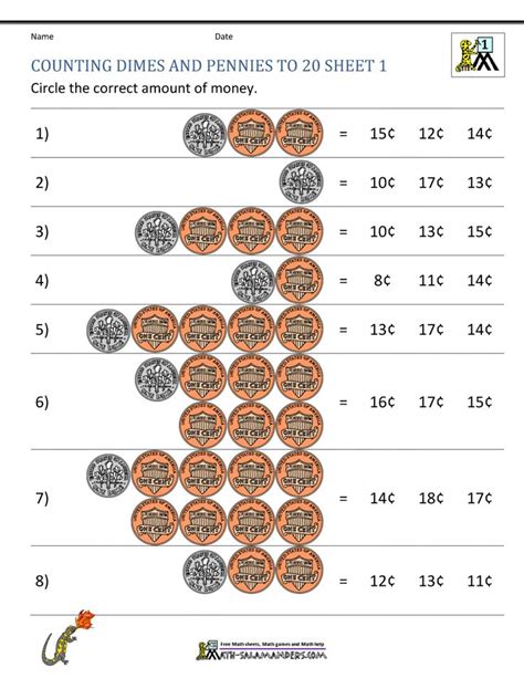 Counting Dimes And Pennies Worksheets
