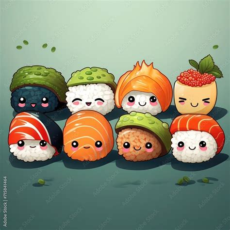 Sushi Cute Cartoon Set Kawaii Characters Emoji Close Up Realistic 3d Japanese Salmon Sushi