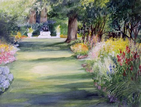 Watercolor Garden Flowers Landscape Shadows Detailed Impressionist