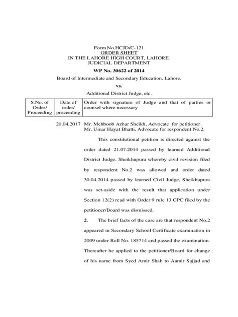 Fillable Online Sys Lhc Gov Form No HCJD C 121 ORDER SHEET IN THE