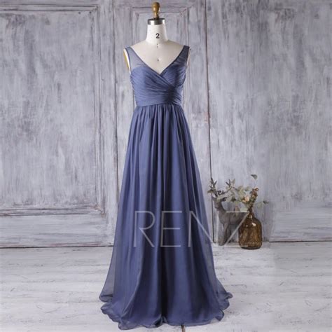 2016 Steel Blue Bridesmaid Dress V Neck Chiffon Wedding Dress Long A Line Prom Dress Women