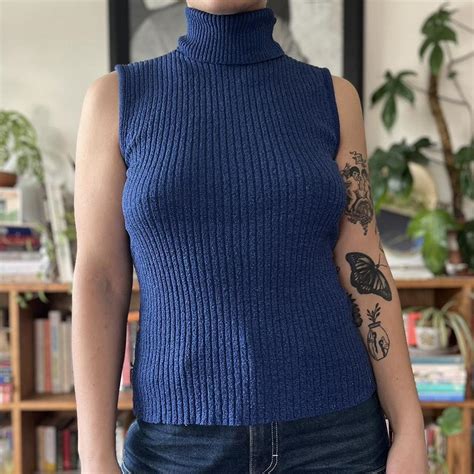 Blue Knit Sleeveless Turtleneck Shirt Well Loved Depop