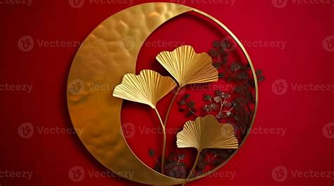 Shiny Gold Brass Metal Art Chinese Style Ginkgo Leaf In Circle Outline