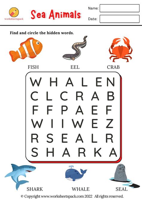 An Ocean Word Search Page With Animals And Fish