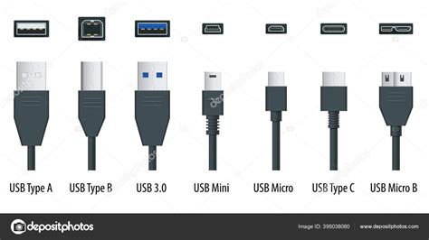 Flat black usb types port plug in cables set with realistic connectors ...