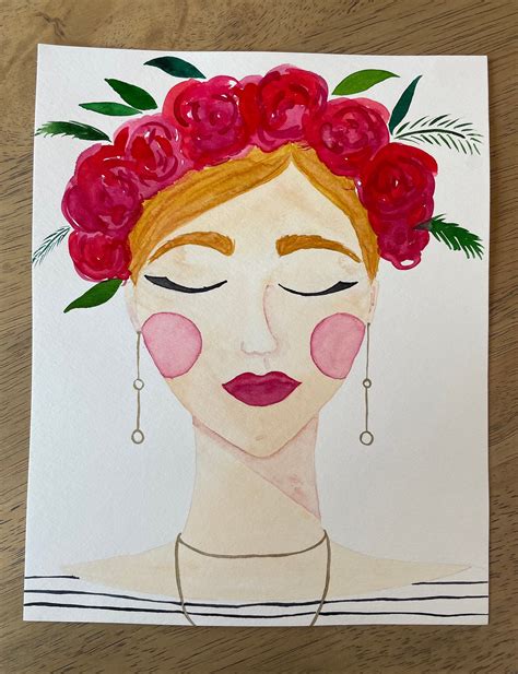 Femme avec couronne de fleur rouge peinture à laquarelle Etsy