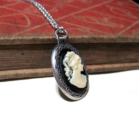 Black And Ivory Cameo Necklace Antiqued Silver Setting Etsy