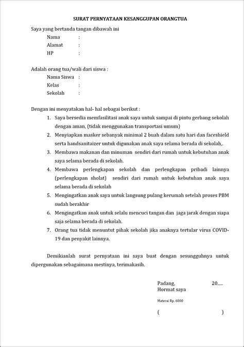 Contoh Surat Pernyataan Orang Tua Siswa Baru Smp Negeri Surat