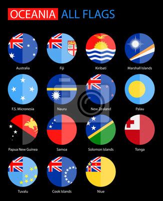 Flat Round Flags Of Oceania On Black Background Full Vector Posters