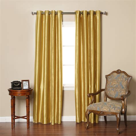 Quality Home Faux Silk Grommet Top Blackout Curtain Pair Gold