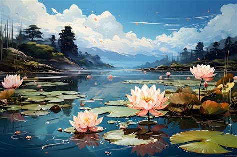 Lotus lake painting backdrops landscape | AI-generated image