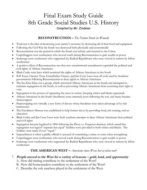 Final Exam Study Guide 8th Grade Social Studies Us History