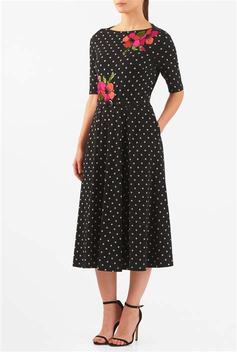 Shop Floral Embellished Polka Dot Print Cotton Knit Dress Eshakti