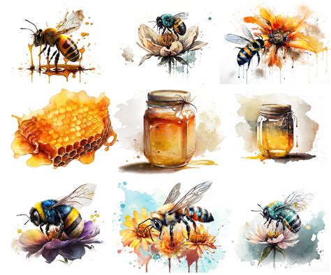 Watercolor Honey Bee Clipart Bundle Illustration Honey Bees Etsy