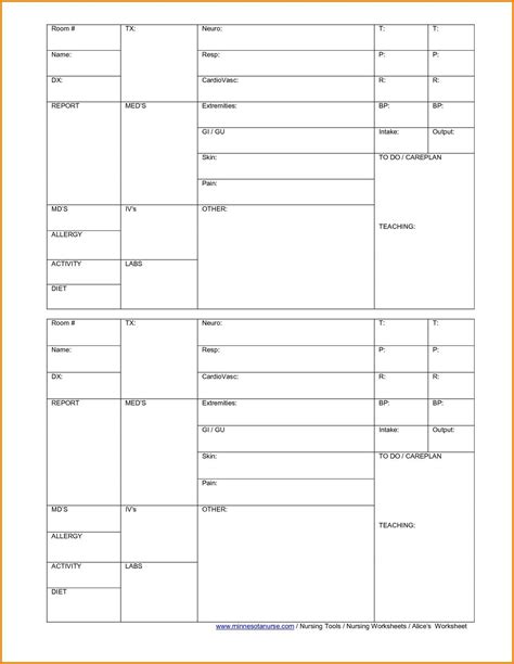 Nurse Brain Sheet Templates