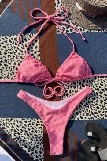 Wholesale Sexy Flower Jacquard Padded Halter Neck Lace Up Triangle Bikini Set BA