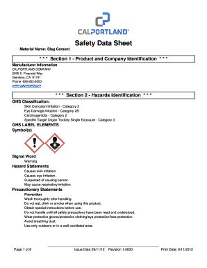 Fillable Online Safety Data Sheet Material Name Slag Cement