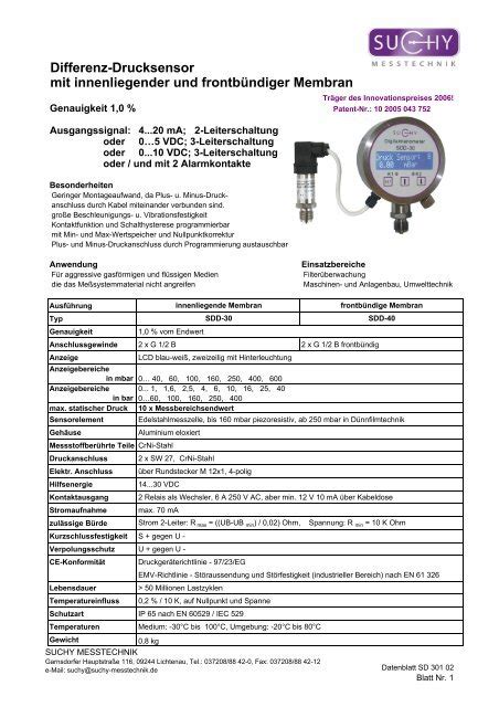 Differenz Drucksensor Mit Innenliegender Und Frontb Ndiger Membran