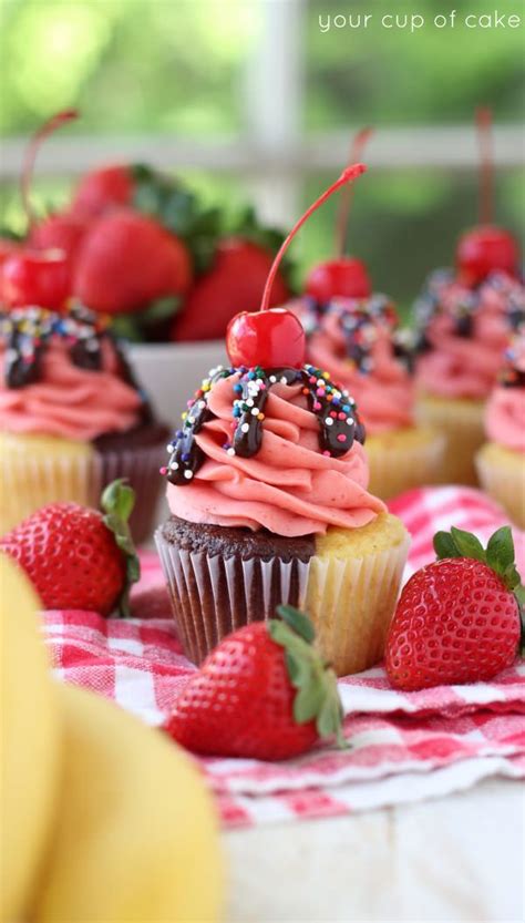 Banana Split Cupcakes Your Cup Of Cake Banana Split Cupcakes Desserts Cupcake Recipes