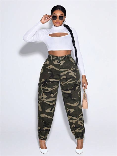 Shein Ezwear Plus Camo Print Flap Pocket Cargo Jeans Shein Usa