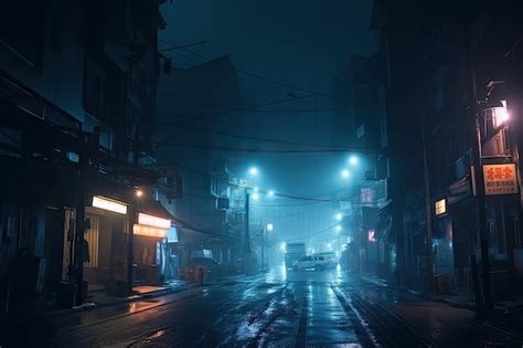 Premium AI Image | Lofi city street at night with dramatic lighting and fog