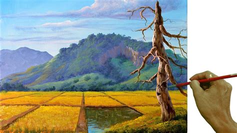 Acrylic Landscape Painting In Time Lapse Golden Rice Fields