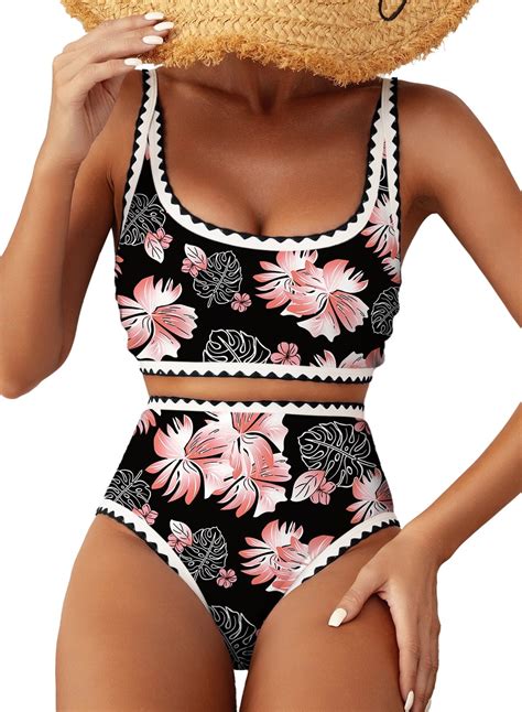SHEWIN Women S Bikini Sets Floral Print Whip Stitch Piece Swimsuits High Waisted Scoop Bathing