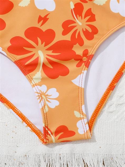 Girls Floral Print Frill Trim Bikini Swimsuit With Beach Skirt Shein Usa